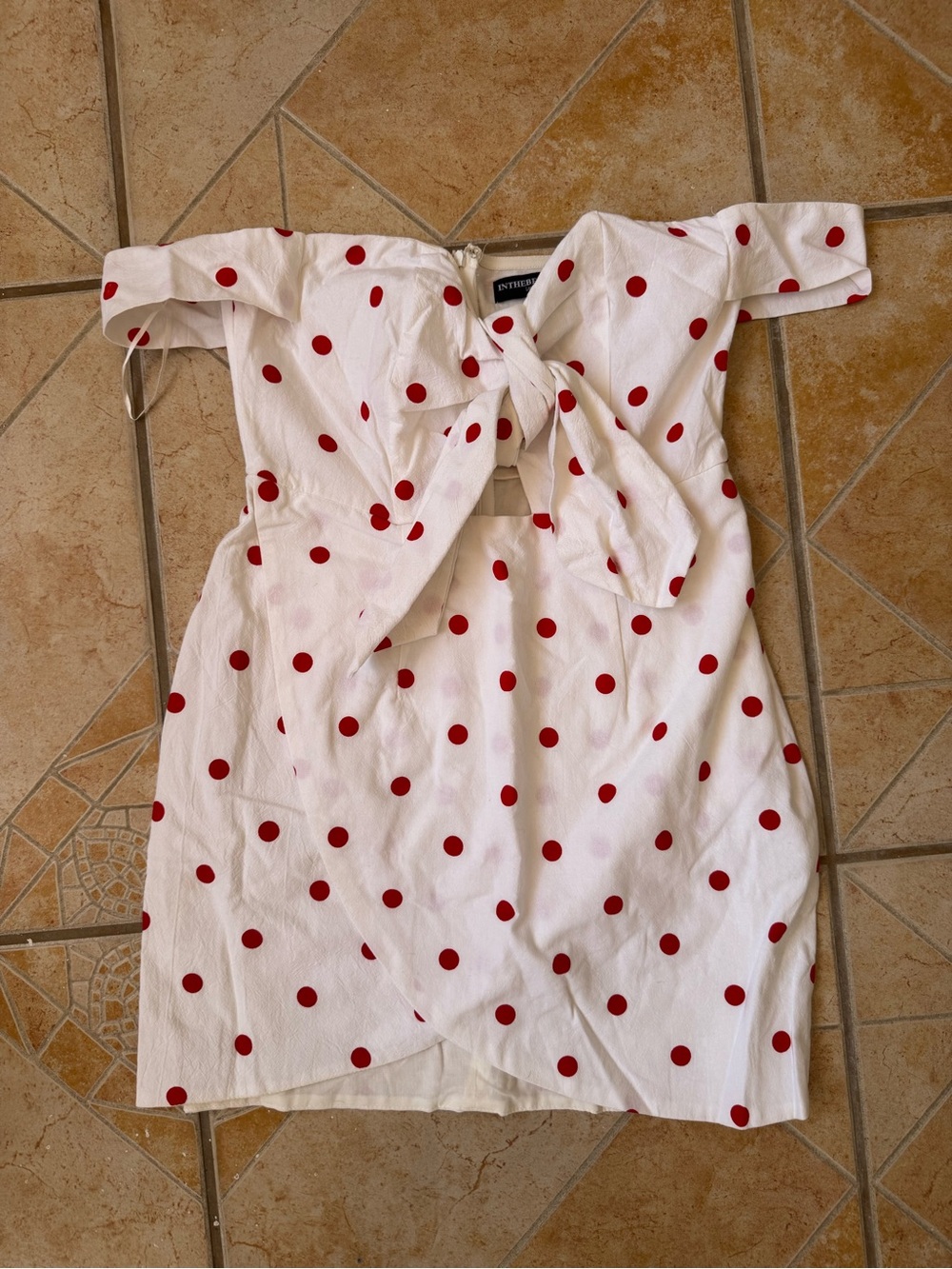Off-Shoulder White Mini Dress with Red Polka Dots